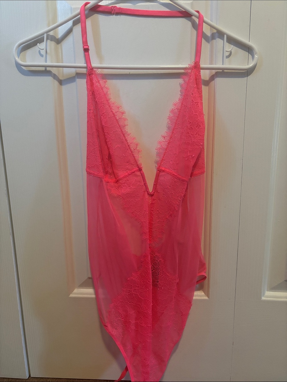 Victoria's Secret Neon Pink Lace Plunge Chemise Teddy Bodysuit